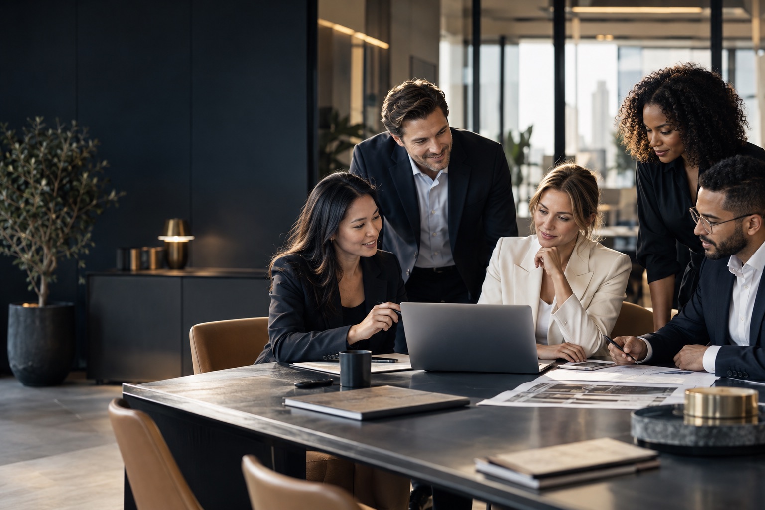 A diverse global team collaborating in a modern office
